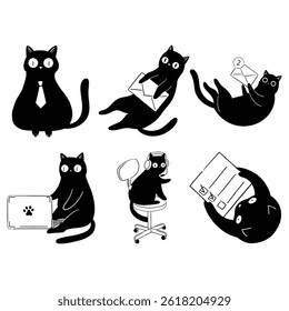 Cute Animal Black Cat Working Pet in Office Solid Line Style