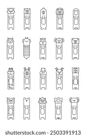 Cute animal bookmarks. Coloring Page. Funny cartoon characters for books. Hand drawn style. Vector drawing. Collection of design elements.