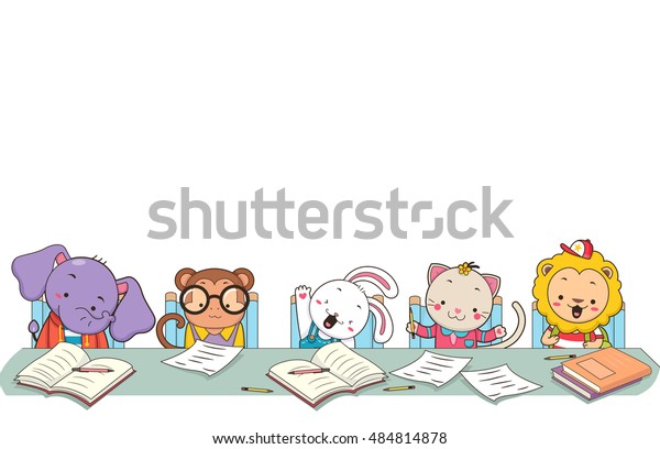 サルとウサギと猫とライオンが教室で勉強中のかわいい動物の国境イラスト のベクター画像素材 ロイヤリティフリー