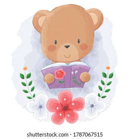 Cute Animal Brown Bear Reading Book With Flower Frame Watercolor Background. Suitable For Nursery Art, Baby Shower, Wall Decor, Prints, Wallpaper, Children Kids Book, Invitation and Greeting Cards.