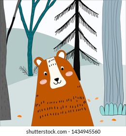 Cute animal brown teddy bear in autumn forest background,illustration vector by freehand doodle comic art,for textile prints or celebrated card or banner background