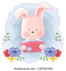 Cute Animal Bunny Rabbit Reading Book With Flower Frame Watercolor Background. Suitable For Nursery Art, Baby Shower, Wall Decor, Prints, Wallpaper, Children Kids Book, Invitation and Greeting Cards.
