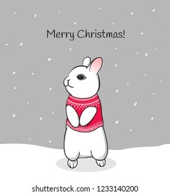 Cute animal bunny in sweater on snow. Merry Christmas creative rabbit illustration in vector