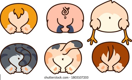 Cute animal butt set. Vector illustration of adorable cartoon animals back with pig, corgi, chicken and kittens.