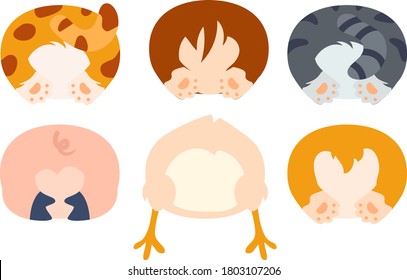 Cute animal butt set. Vector illustration of adorable cartoon animals back with pig, corgi, chicken and kittens.