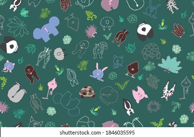 Perros de animales en forma de caricatura-doodle - panda, elefante, hipopótamo, gato, perro, armadillo, flamingo, pollo, zorrillo, conejo, cerdo, pavo real - para servir como fondo gracioso o papel textil