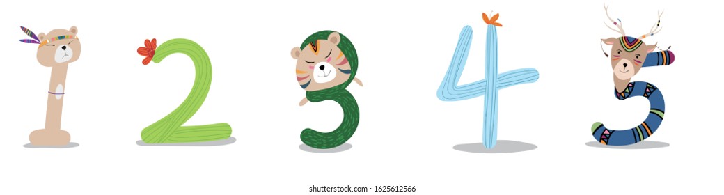 Cute animal and cactus flower numeral combination