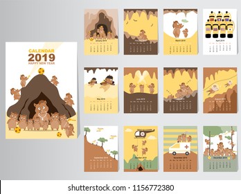 Cute animal calendar 2019 design,The year of the pig monthly cards templates,cave,Set of 12 month,Monthly kids, cave,Vector illustration. 