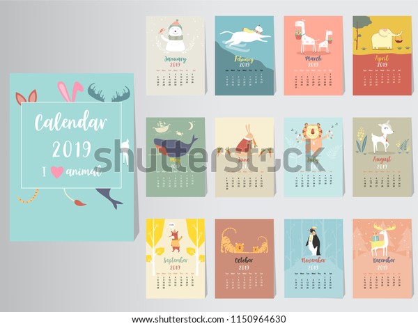 Cute Animal Calendar 2019 Designthe Year Stock Vector (Royalty Free) 1150964630