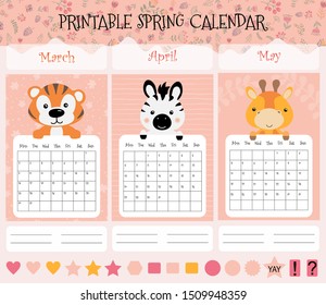 Cute animal calendar for 2020. Calendar planner with three months. A good organizer and schedule.