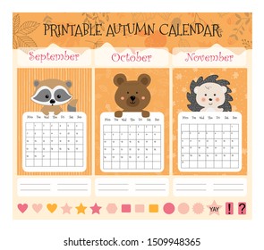 Cute animal calendar for 2020. Calendar planner with three months. A good organizer and schedule.