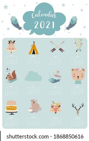 Cute animal calendar 2021 with bear, feather, dreamcatcher for children, kid, baby.Can be used for printable graphic