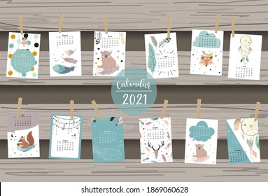 Cute Animal Kalender 2021 mit Bär, Feder, Träumer für Kinder, Kind, Baby.Kann für druckbare Grafik verwendet werden