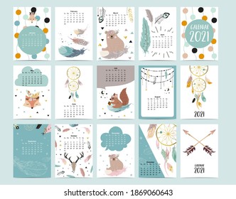 Cute Animal Calendar 2021 With Bear, Feather, Dreamcatcher For Children, Kid, Baby.Can Be Used For Printable Graphic