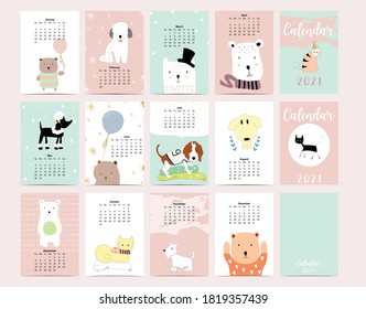 Cute animal calendar 2021 with dog, cat, bear for children, kid, baby.Can be used for printable graphic.Editable element