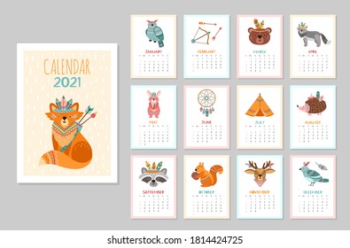 Cute animal calendar 2021. Kid animals, forest tribal wildlife posters. Monthly schedule arctic fox bear deer raccoon vector illustration