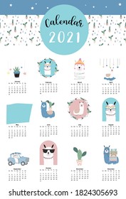 Cute animal calendar 2021 with llama, alpaca, cactus for children, kid, baby.Can be used for printable graphic.Editable elemen