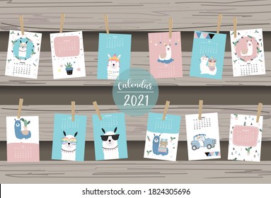 Cute animal calendar 2021 with llama, alpaca, cactus for children, kid, baby.Can be used for printable graphic.Editable elemen