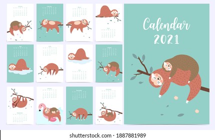 Cute animal calendar 2021 with sloth.Can be used for printable graphic