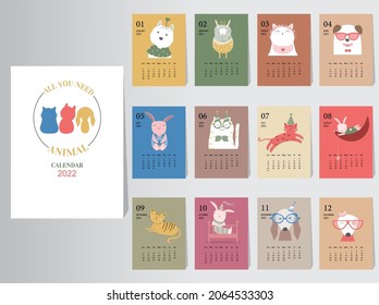 Cute animal calendar 2022 design,The year of the animals monthly cards templates,Set of 12 month,Monthly kids,cool,Vector illustrations.