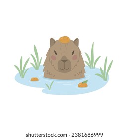 El capibara animal lindo se baña en el agua