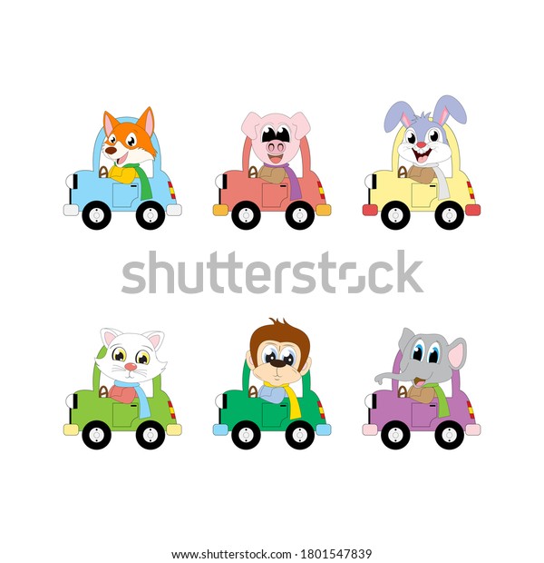 cute\
animal in the car simple vector illustration\
design