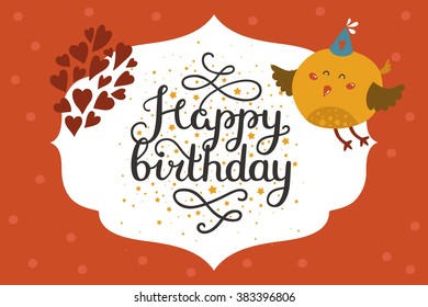 Cute animal card with bird. Happy birthday card with baby animal in love and lettering. Vector greeting animal card