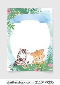 Diseño de tarjeta animal de fondo safari con león, jirafa, mono, ilustración vectorial de elefante para tarjeta de invitación, postal. Flor tropical y verde. Línea de oro. acuarela.