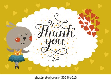 Cute animal card with rabbit. Thank you card with baby animal in love and lettering. Vector greeting animal card