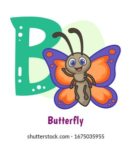 Cute animal cartoon alphabet, letter B for Butterfly