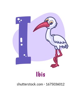 Cute animal cartoon alphabet, letter I for Ibis