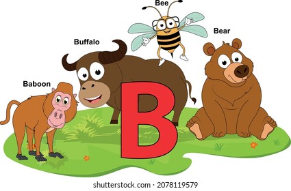 Cute Animal Cartoon With Alphabet Letter B