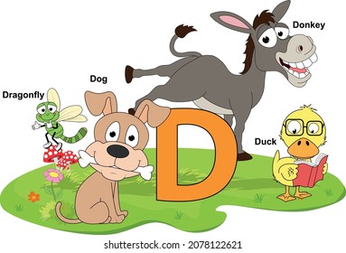 cute animal cartoon with alphabet letter D