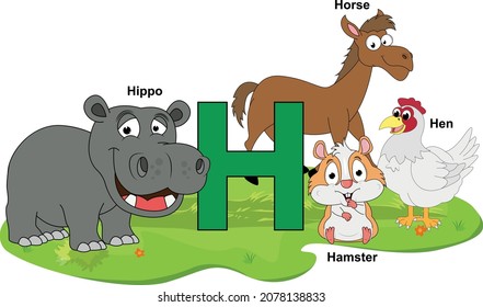 cute animal cartoon with alphabet letter H