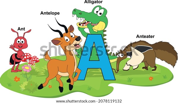 cute animal cartoon\
with alphabet letter A