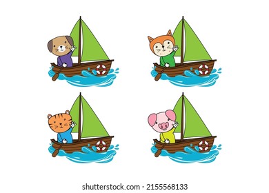 cute animal cartoon with boat