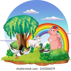 Cute animal cartoon character in ourdoor scene isolated island illustration