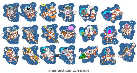 Cute animal cartoon characters as astronauts sticker set. Childish drawings of comic dog, cat, fox, panda, rabbit or bunny exploring galaxy in spacesuits vector illustrations. Space concept for kids