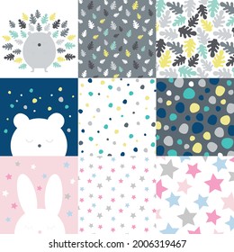 Cute animal cartoon characters bunny, bear, hedgehog, with coordinate patterns stars, dots, leaves, as kids bed room decoration, baby fashion, mug, tee, postcard, banner, sticker design template