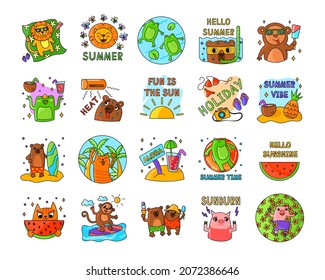 Cute animal cartoon characters having fun in summer sticker set. Badges with comic cat, bear in different actions on beach vector illustrations isolated on white background. Summer, holiday concept