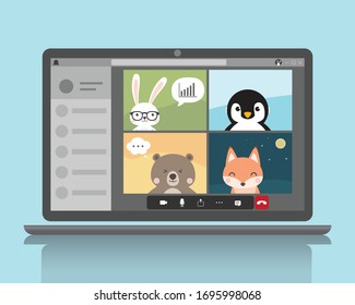 Cute Animal Cartoon Charactor Video Conference Call. Working from home concept. Business working online video call conference meeting.
Business team meeting via laptop.