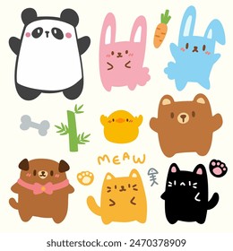 Nette Tier-Cartoon-Kollektion. Adorable Animal Doodles.Kawaii Charaktere für Kinder.