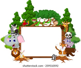 cute animal cartoon collection with blank board and tropical forest background