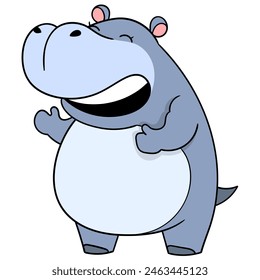 Cute animal cartoon doodle, cute fat hippo laughing happily