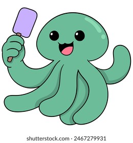 Cute animal cartoon doodle, green octopus with a happy face carrying ice cream