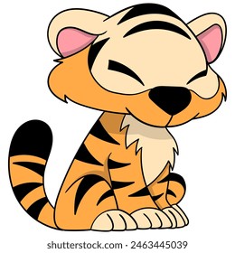 Cute animal cartoon doodle, orange tiger cub is sitting with sleepy eyes closed