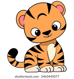 Cute animal dibujos animados doodle, tigre naranja con una cara amable sonriendo y diciendo hola