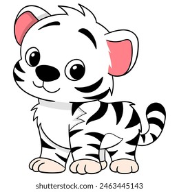 Cute animal dibujos animados doodle, cachorro de tigre blanco con una cara amable sonriendo y diciendo hola