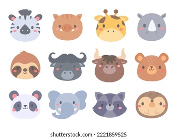 cute animal cartoon face in the zoo Children's card decoration elements