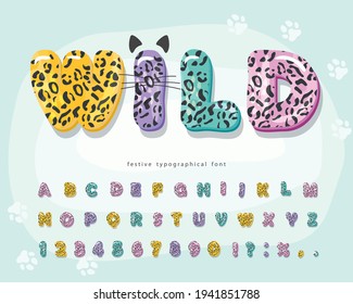 Cute animal cartoon font for kids. Funny leopard, jaguar, cheetah skin alphabet. Decorative fur print letters and numbers. Vector illustration